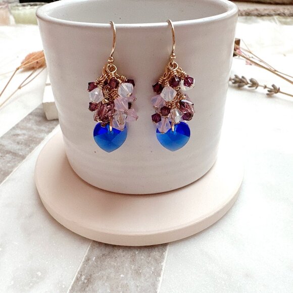 New Majestic Blue Heart Crystal Cluster Earrings | Handmade in BC - Picture 2 of 4
